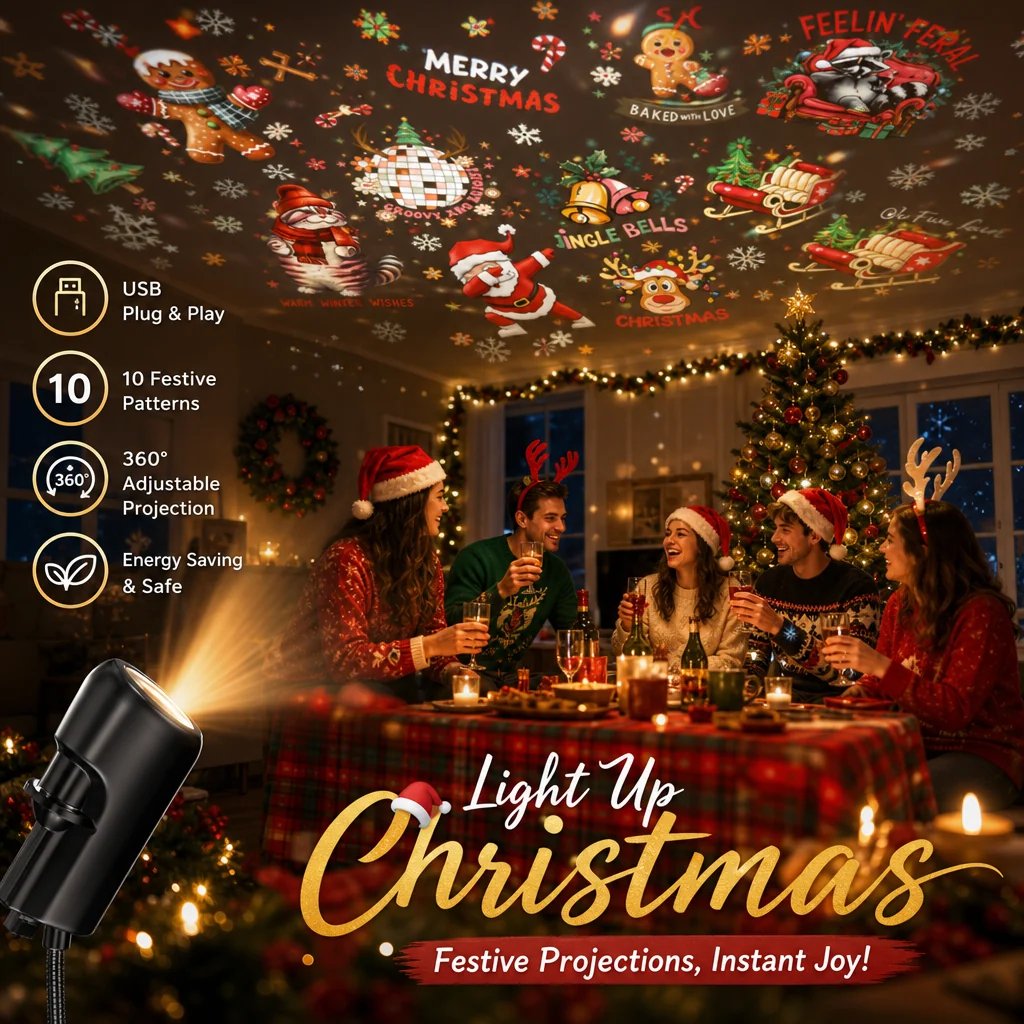 🎄🌟 Plug-&-Play HD Christmas Projector – 6 or 10 Festive Scenes